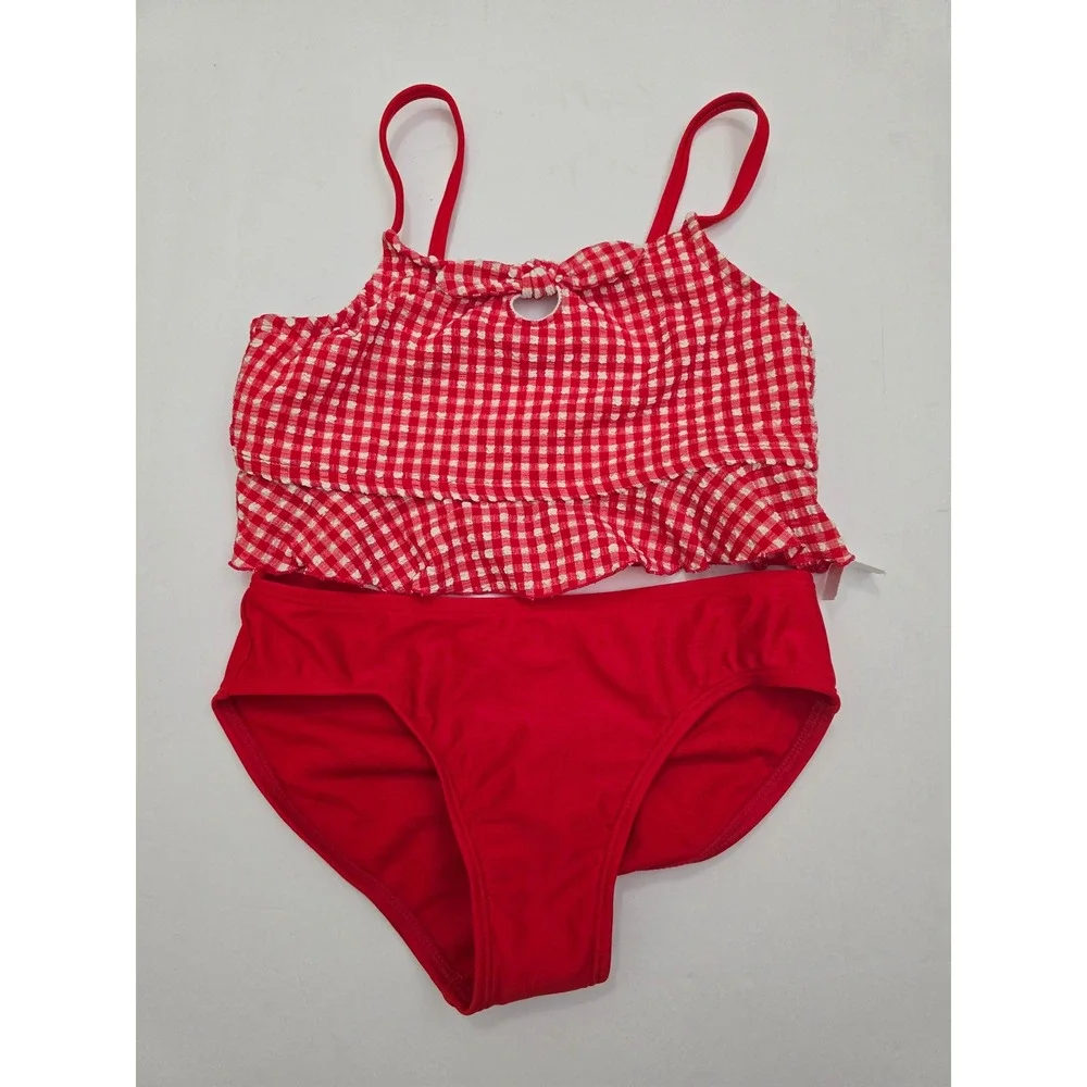 Cat & Jack Girls Red Gingham Ruffle Tankini Swimsuit Set Size M 8 NWT